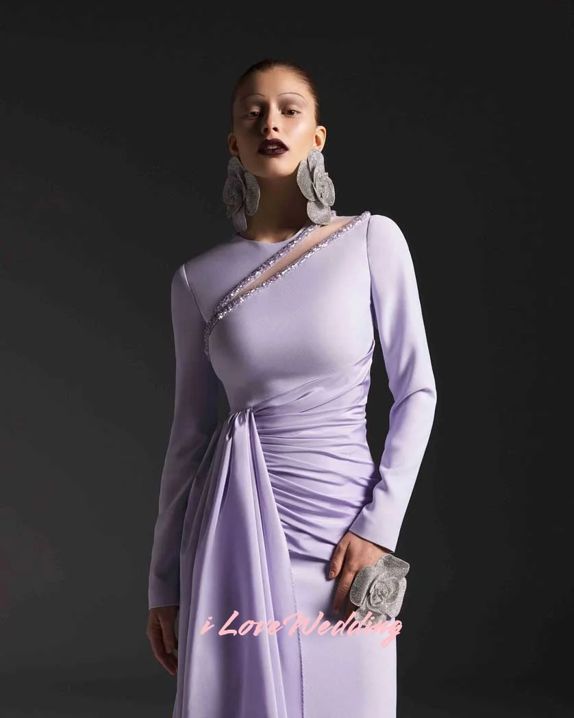 فساتين سهرة أرجوانية برقبة دائرية 2025 كم طويل مطرز حورية البحر فساتين لحضور الحفلات الموسيقية بطول الأرض مطوي فساتين حفلات الزفاف حسب الطلب