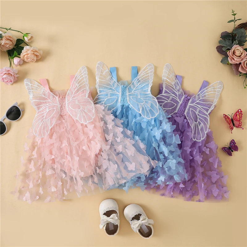 Summer Newborn Baby Solid Color Butterfly Mesh Tulle Rompers Girl Dress Princess Sleeveless Jumpsuit Baby Romper Skirt Costume