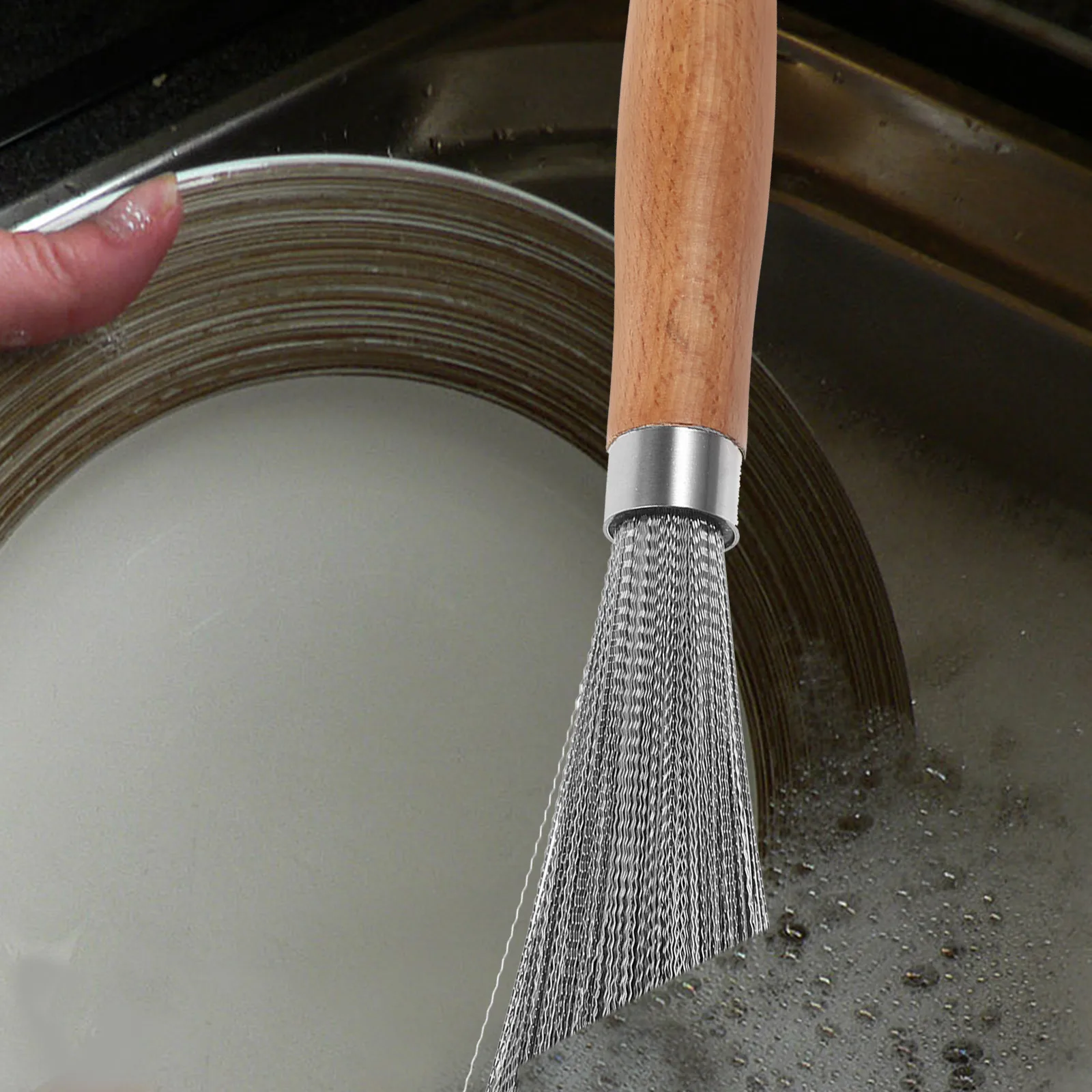 

Wooden Handle Pot Brush Stainless Steel Scrubbers Replaceable Kitchen BBQ Tools Pan Dishes Washing Practical MultiUse Small
