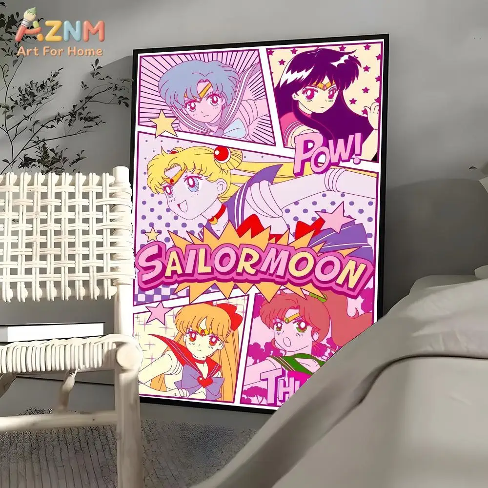 AZNM Sailor Moon Retro Anime Canvas Wall Art Print, Cute Pink Comic Style Poster for Girls Bedroom Living Room Home Decor, No Fr