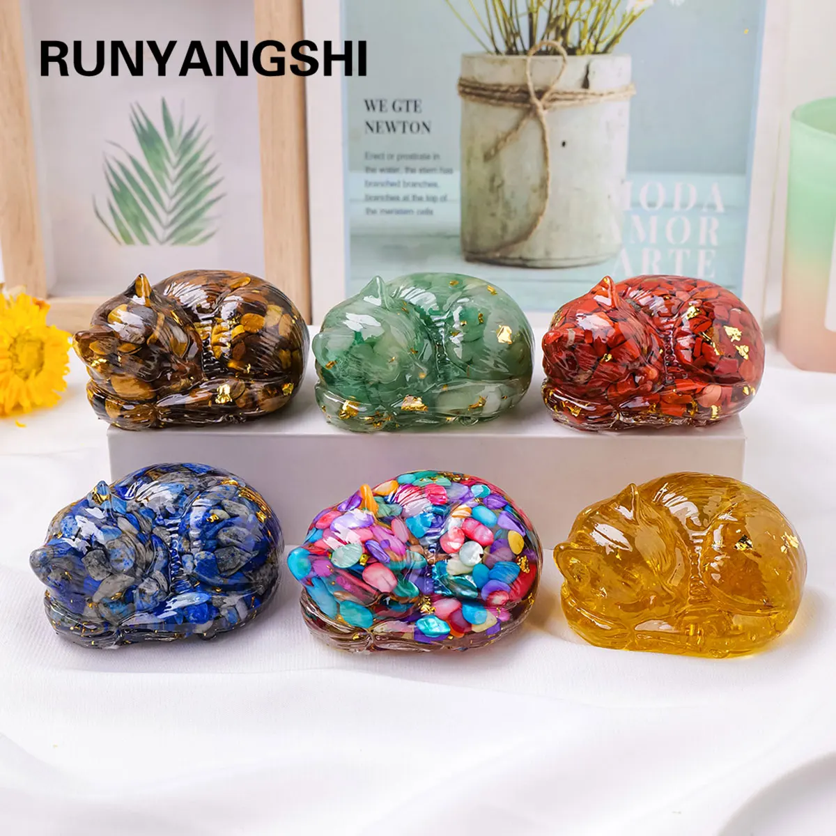 1PC Natural Crystal Stone Sleeping Cat Statue Reiki Stone Figurine Amulet Fengshui Sculpture for Home Office Decoration