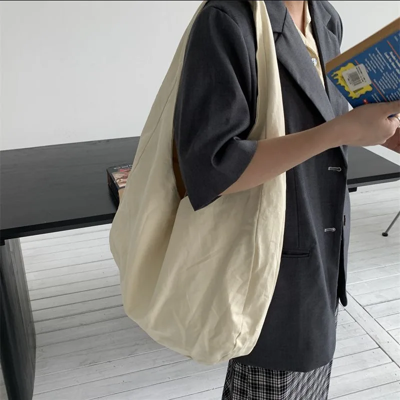 Korean New Single-shoulder Large-capacity Women's Canvas Bag Girl Tote Bag Simple Solid Color Shopping Bag Texture Retro Bag