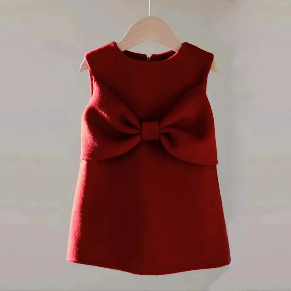 Chinese New Year Red Clothing Sleeveless Bow Dress+Long Sleeve Cloak Coat 2PCS Set Autumn And Winter Dress Retro Warm Coat