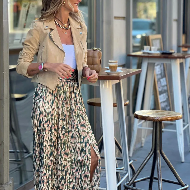 Vintage Skirt Two Piece Sets for Women Elegant Suede Motor Zipper Bomber Jacket Print Flowy Slit Maxi Skirt Set Autumn Outfits