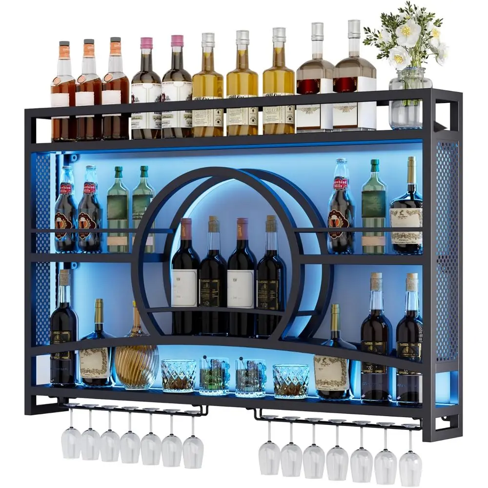 

3-х уровневая 46-дюймовая винная полка, настенная со светодиодной подсветкой, подвесная стойка в форме заката, настенные полки для ликера с металлическим держателем для стекла