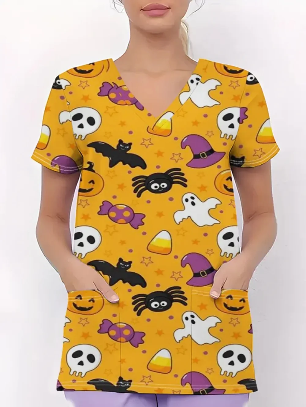 Damskie stroje na Halloween, medyczne, urocze, z wzorem dyni, bluza medyczna z dekoltem w serek, krótki rękaw, z kieszeniami, koszulka, halloweenowe stroje chirurgiczne.