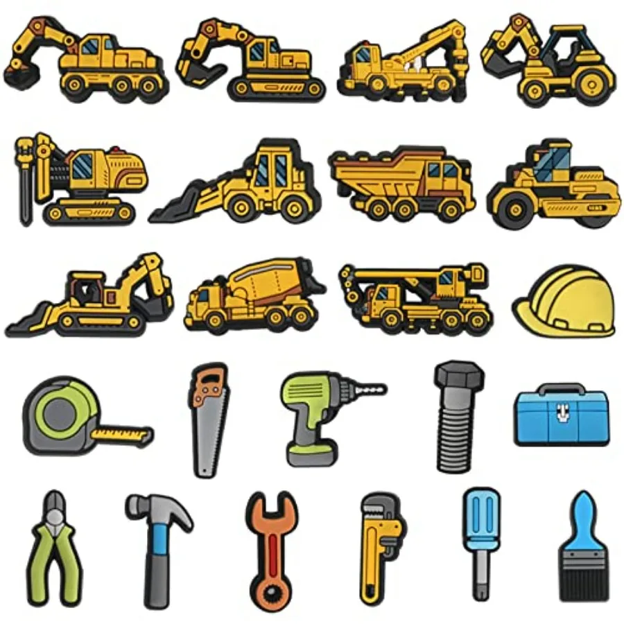 

Construction Shoe Decoration Charms, 23 PCS Excavator Bulldozer Truck Helmet Shoe Charm for Shoe Wristband Clog Sandals Decor,