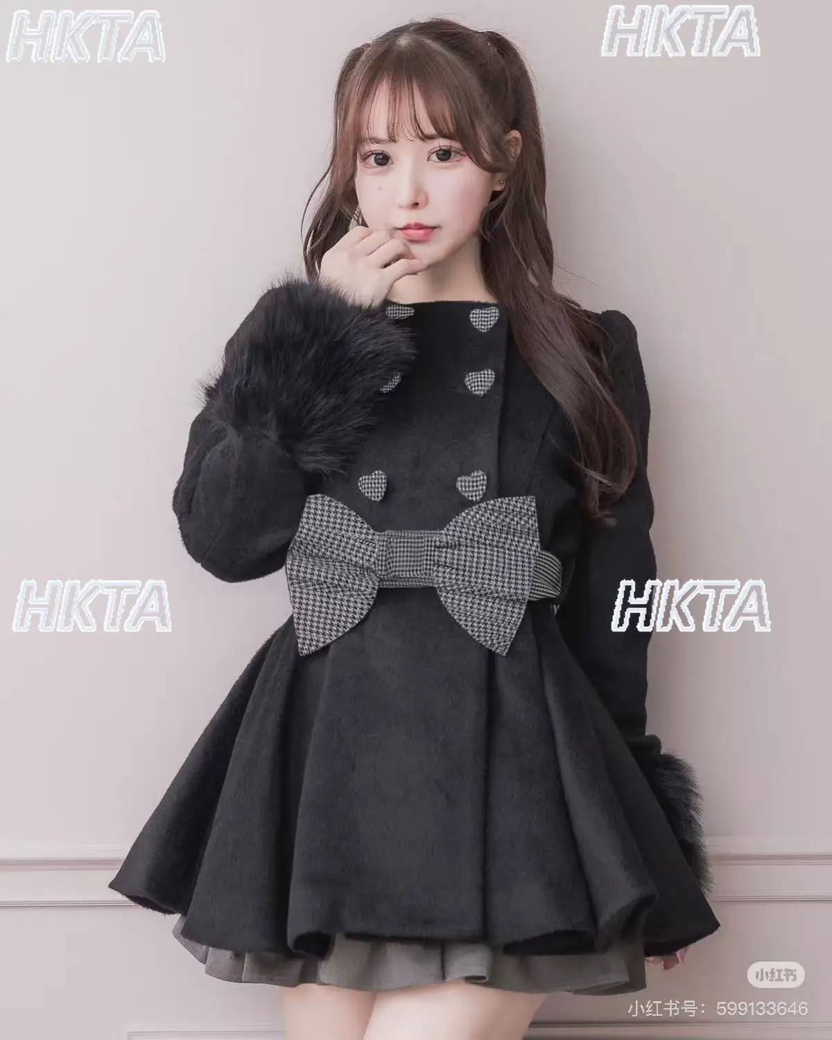 Japanese Heart Button Bow Plaid Black Woolen Coat Women Sweet Autumn Winter Warm Elegant Lolita Crew Neck Long Sleeve Long Coats