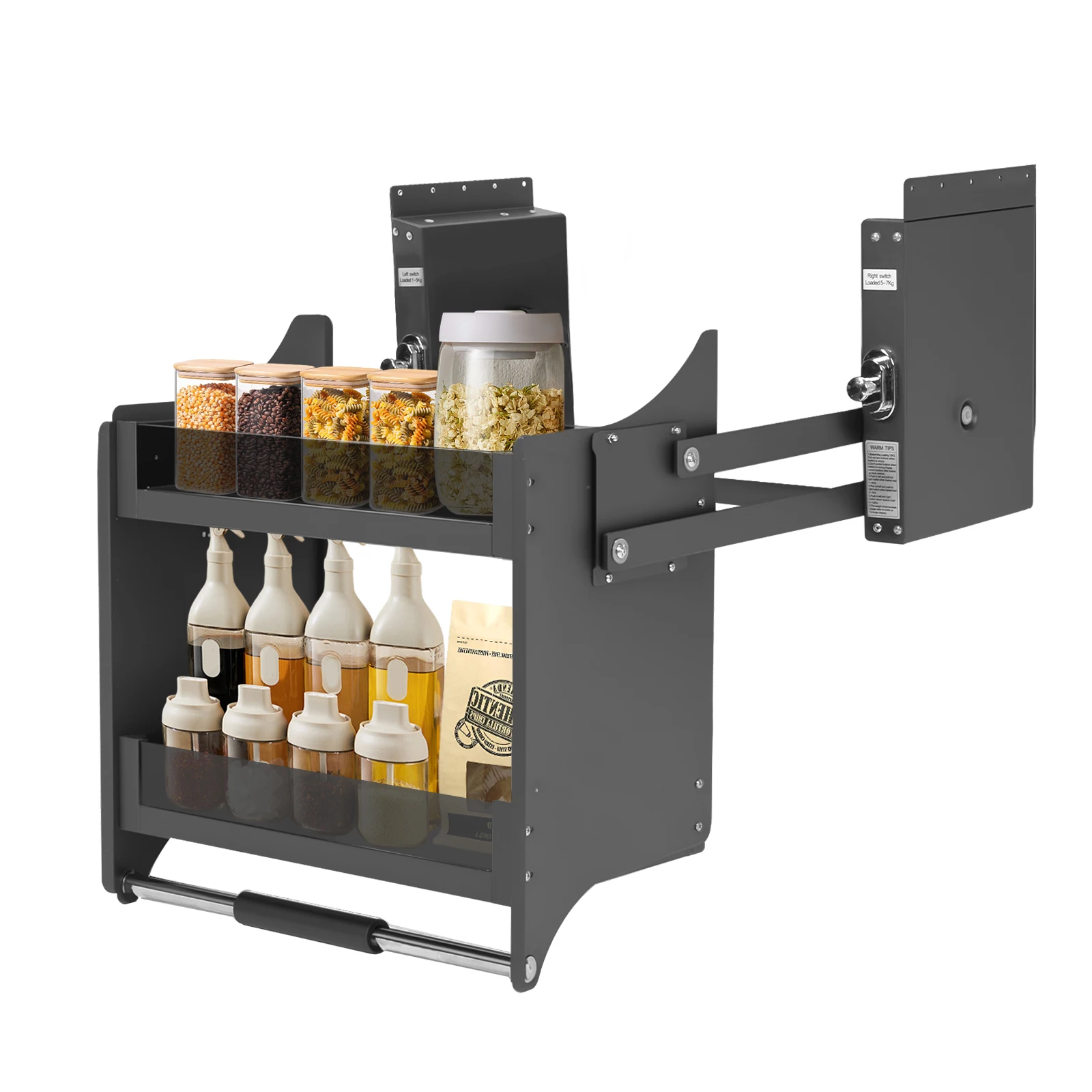 

2-Tier Pull-Down Shelf, Heavy Duty Pull-Out Cabinet Shelf Drop Down Sliding Shelf Lift Inner Space Saving Wall Mounted