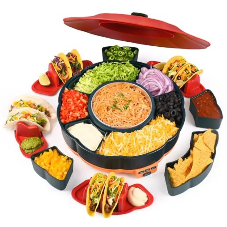 

Набор для приготовления тако Taco Tuesday Kit: сервировочный набор для вечеринки с подогреваемой емкостью на 3 температурных режима (33 унции), 6 съемными подносами и 4 держателями для тако.