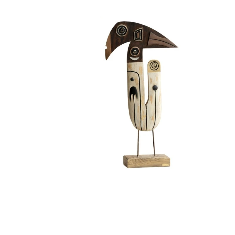 Handmade African Totem Wood Carving, Color Block Art Ornament, Niche Retro Home Decor Craft for Entryway Living Room Desktop
