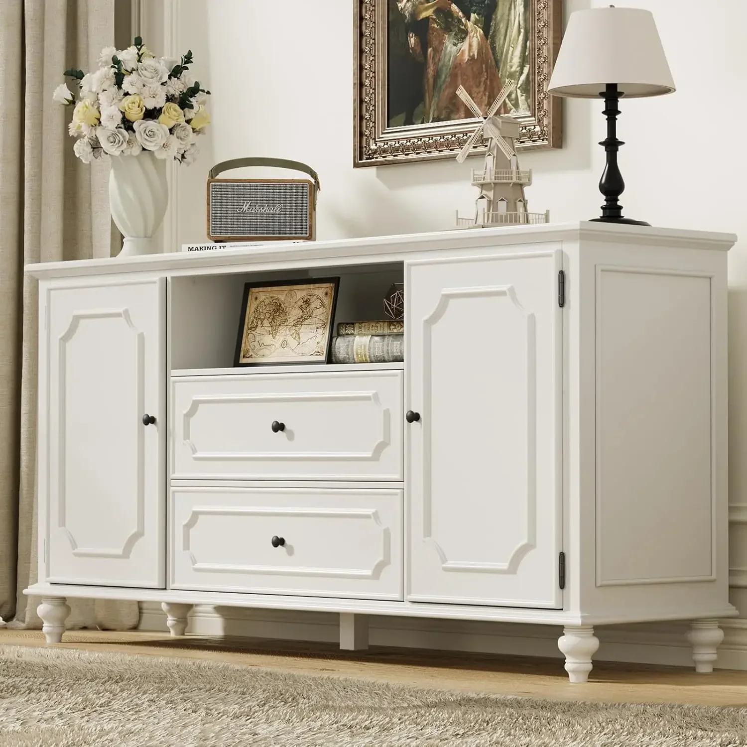 Farmhouse TV Stand for 75 Inch TV, Tall Entertainment Center with Storage Cabinets & 2 Drawers, TV Console Table