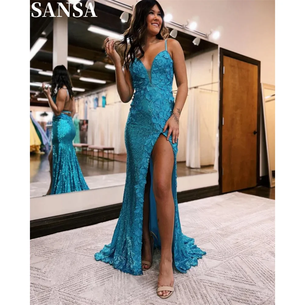 Sansa Floral A-line Sequin Evening Dress Strapless Floor-Length Wedding Dresses Spaghetti Strap Side Splite vestidos de fiesta