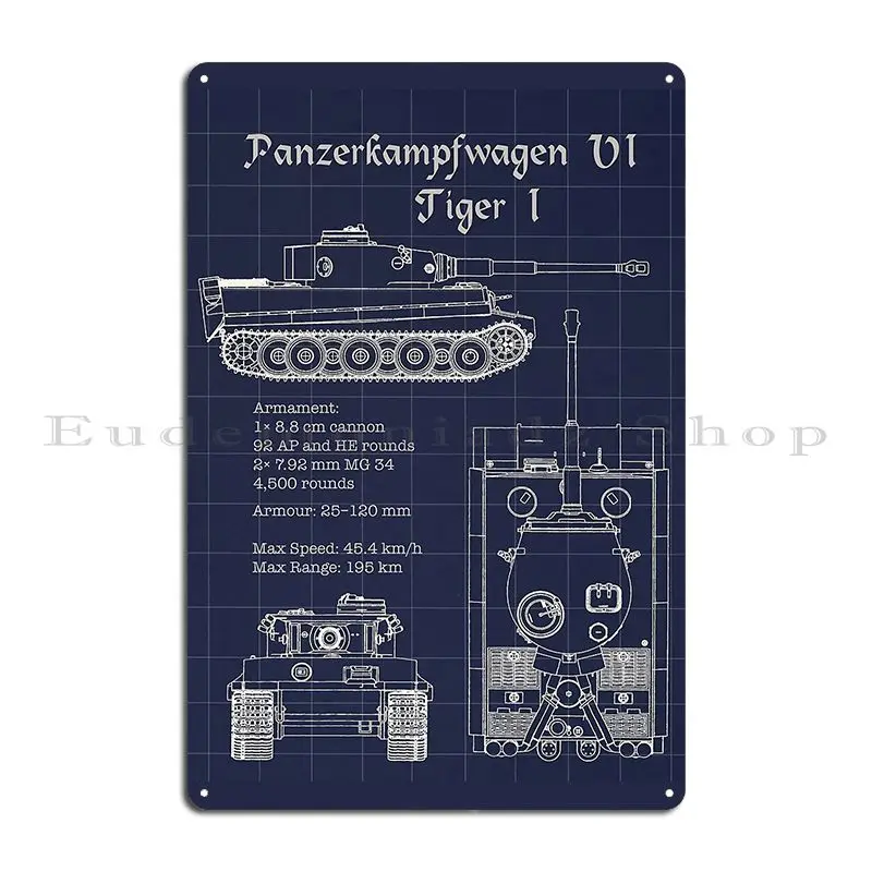 Panzerkampfwagen Vi Tiger I Blueprint Metal Plaque Poster Create Character Cinema Decoration Club Tin Sign Poster