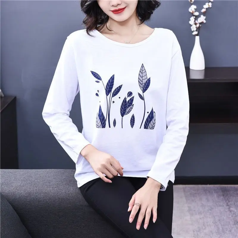 Casual O-Neck Pure Cotton Leaf Pattern Spliced Women\'s Clothing Spring Summer Bright Line Decoration T-Shirts Long Sleeve Tops