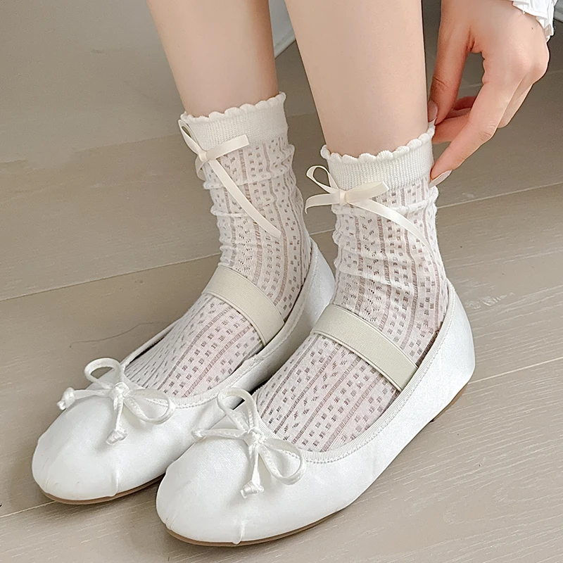 Socks For Women Short New Fashion Solid Color Bow Sweet Cute Socks Korean Style Soft Simple Ladies Thin Socks Breathable Basic