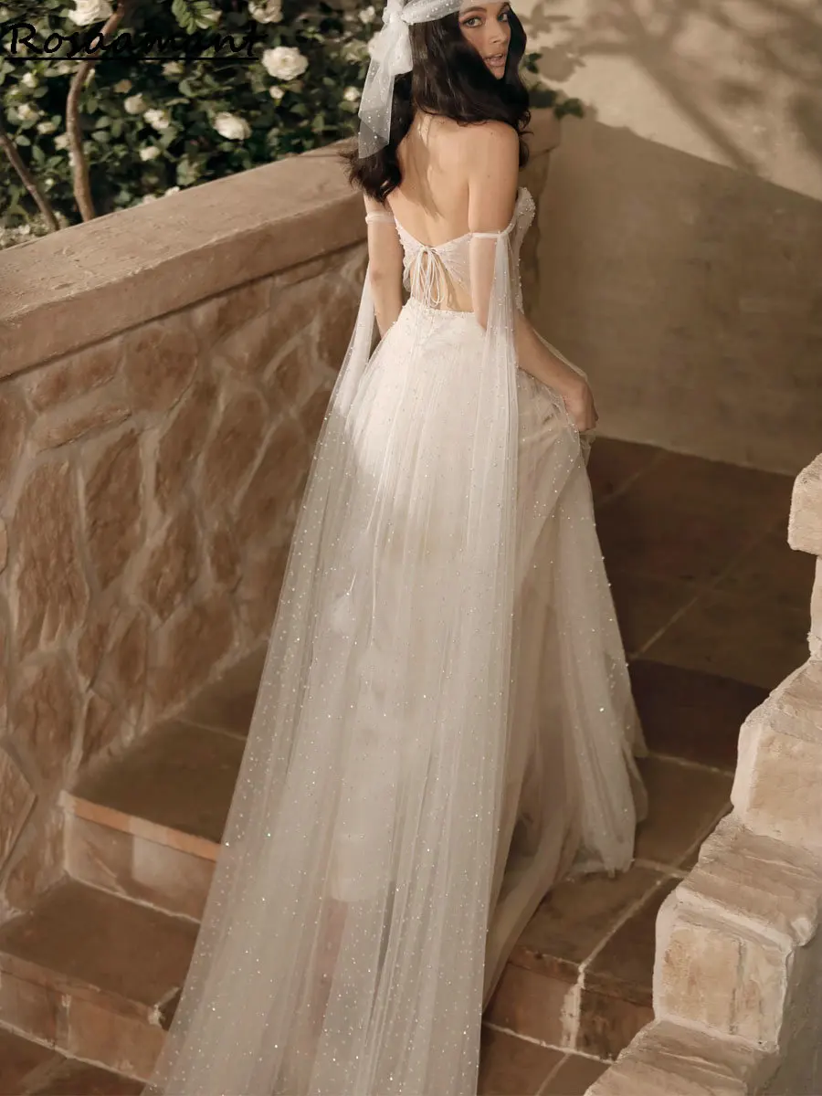 

2024 Off The Shoulder Ribbons A-Line Wedding Dresses Sleeveless Tulle Pleat Boho Country Bridal Gowns