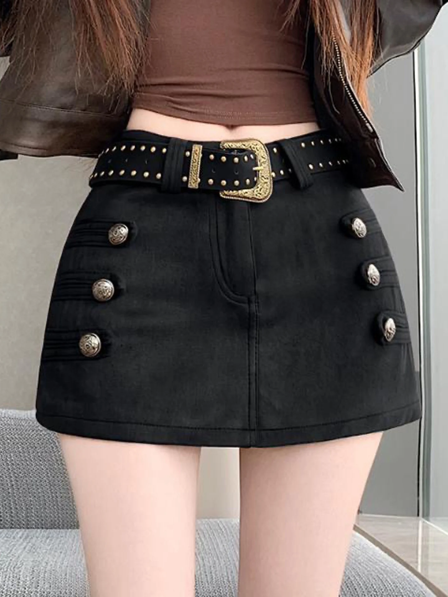 Cool Girl Workwear Suede  Skirt Women's High Waist Elastic A-Line Short Skirt Fashion Design Autumn New Style Commute Simple