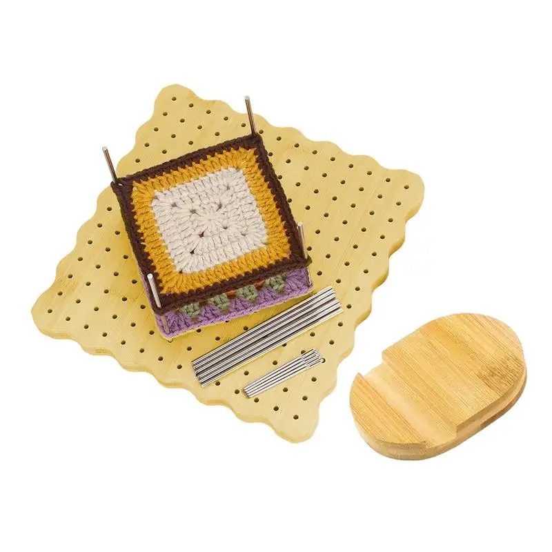 Wooden Crochet Blocking Board Kit Granny Square Knitting Blocking Mat Set with 10 Stainless Steel Rod Pins for Beginner Knitting