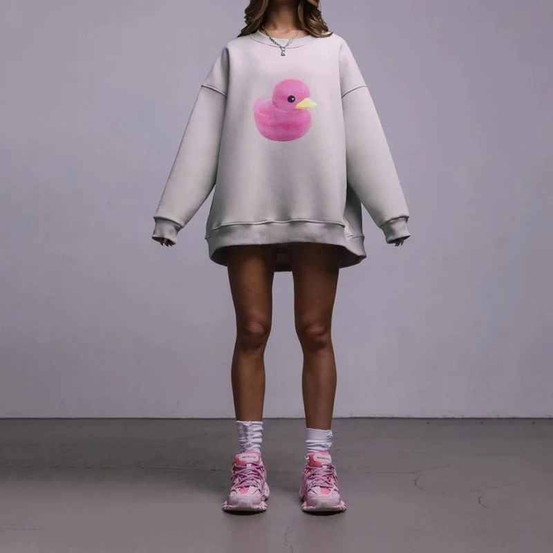 Duck Round Neck Sweatshirt for Women2025 Autumn New Style for Women Simple Casual Loose Round Neck Printed Sweatshirt