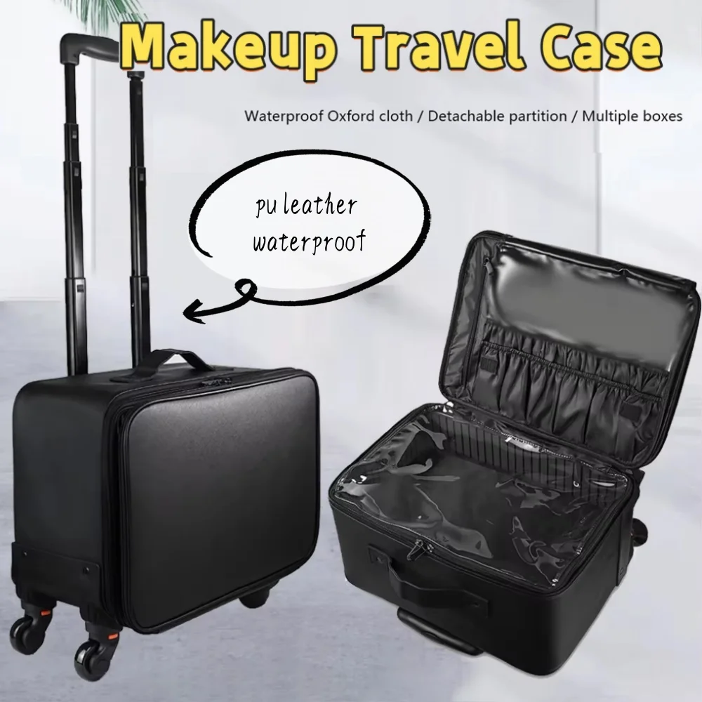 2-in-1 Makeup Travel Case with Detachable Wheels Cosmetology Train Organizer with Liftable Trays Brush Bag  Hair/Nail Tool Stora