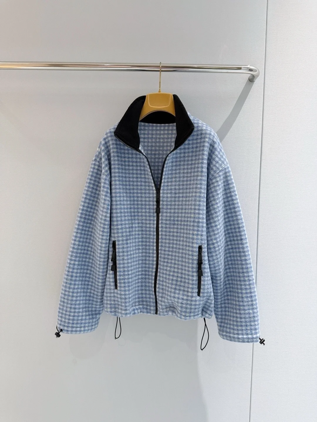 Vintage Checkered Fleece Two-Piece Set Women Blue & White Zip Jacket Low Waist Skirt Street Ski Chic