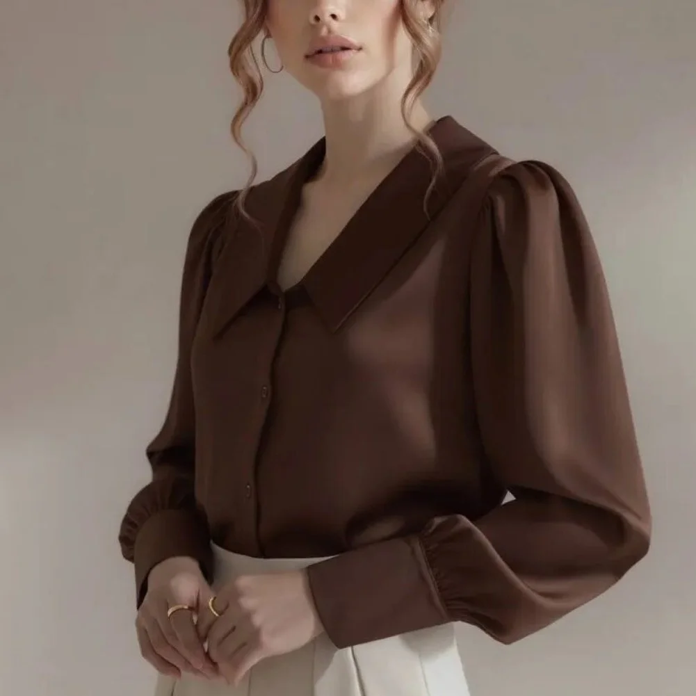 Women's Fashion Big Collar Bubble Sleeve Satin Shirt Ladies Solid Color Solid Color Design Shirt Tops