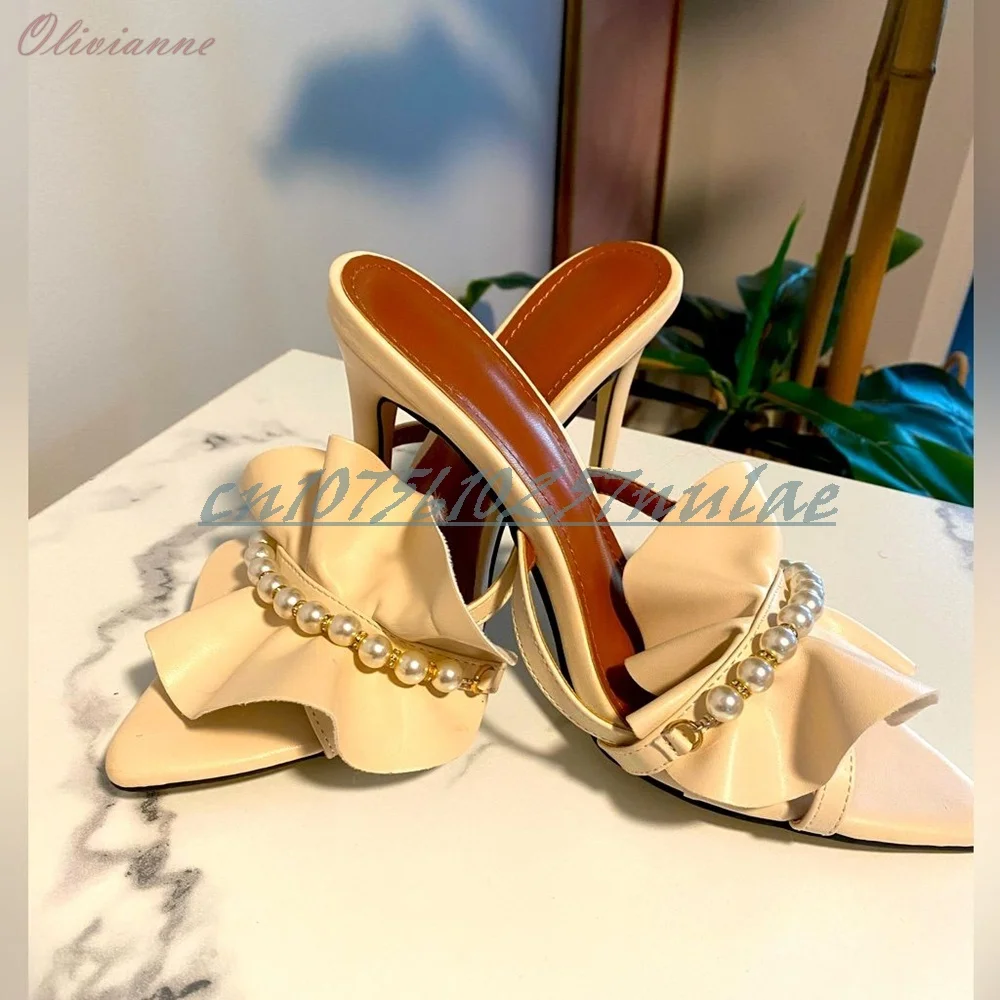 

Белые передние жемчужные тапочки с цепочкой и кружевным дизайном, модные пикантные летние женские туфли на высоком каблуке-шпильке для вечеринок 2026, летняя женская обувь Para Mujere