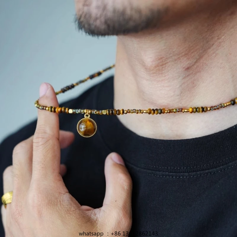 

Retro light luxury natural tiger's eye stone beaded niche necklace collarbone chain