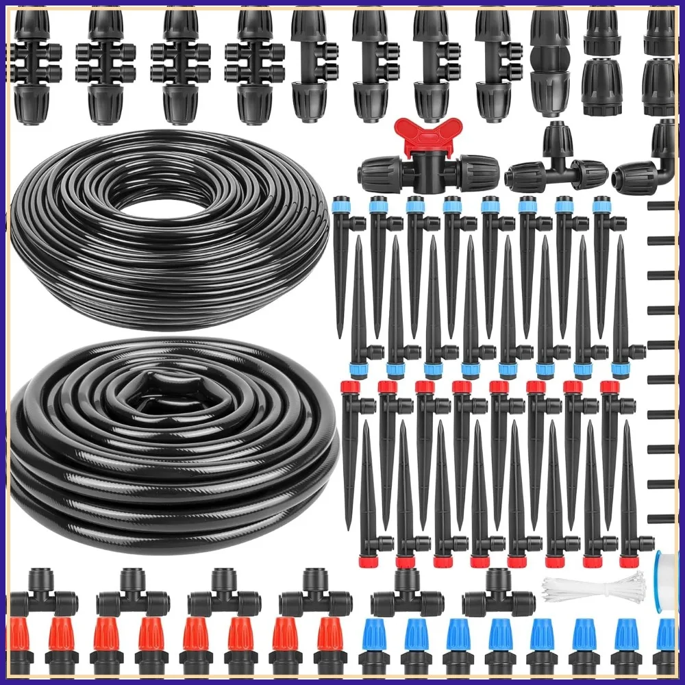 

240FT Drip Irrigation System for Garden with Quick Connect Fittings, 1/2 1/4 Tubing, 3 Emitter Types