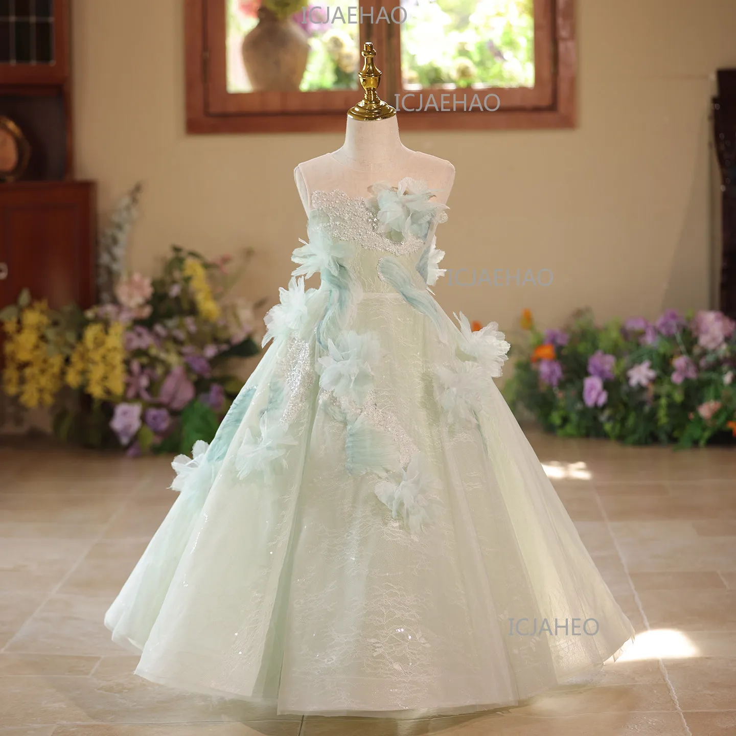 High-End Light Luxury Tulle Puffy Evening Gown For Girls, Unique Forest StylePerformance Dress Party Costume Kids Host & Piano