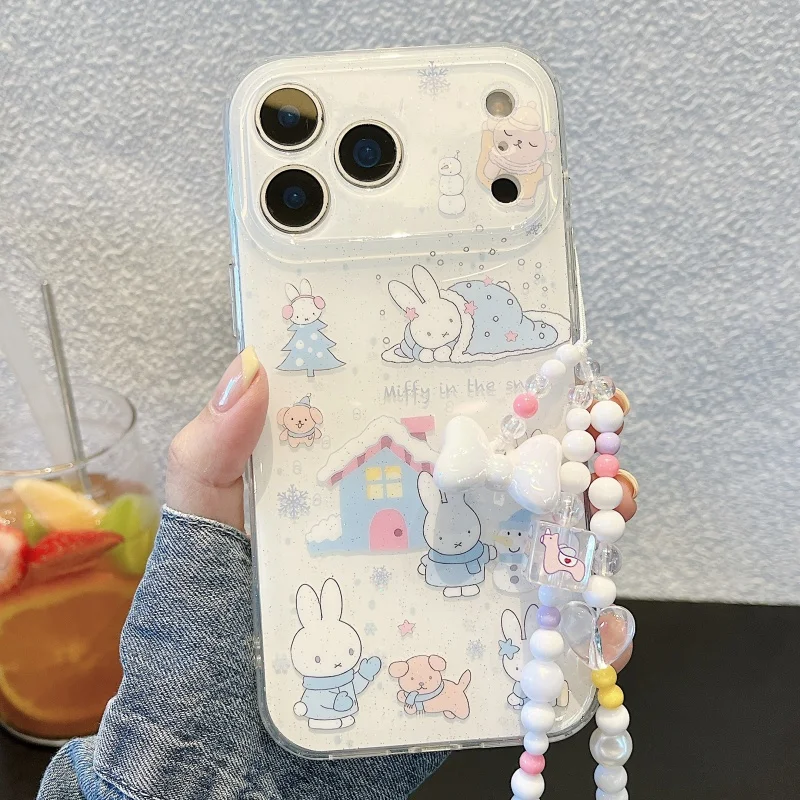 

Winter Cute cartoon snow house sleep Miffy Sparkling phone Case For iPhone 13 14 15 16 17 Pro Max snowflake Miffy Glitter Cover﻿
