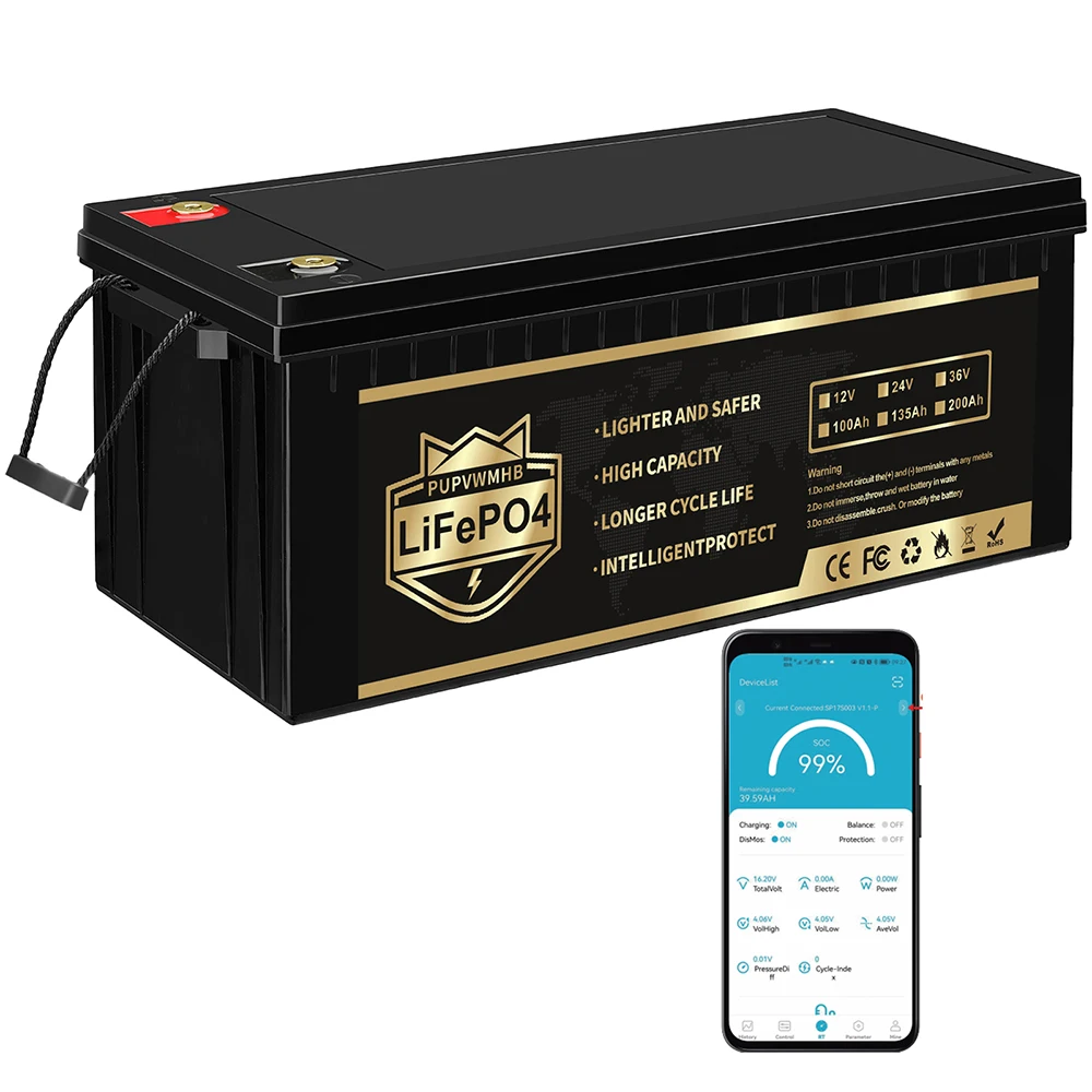 

36V 135Ah Golf Cart LiFePO4 Lithium Iron Battery Built-in Smart Relay 200A Bluetooth BMS Max 7.68kW Power Output for Golf Carts