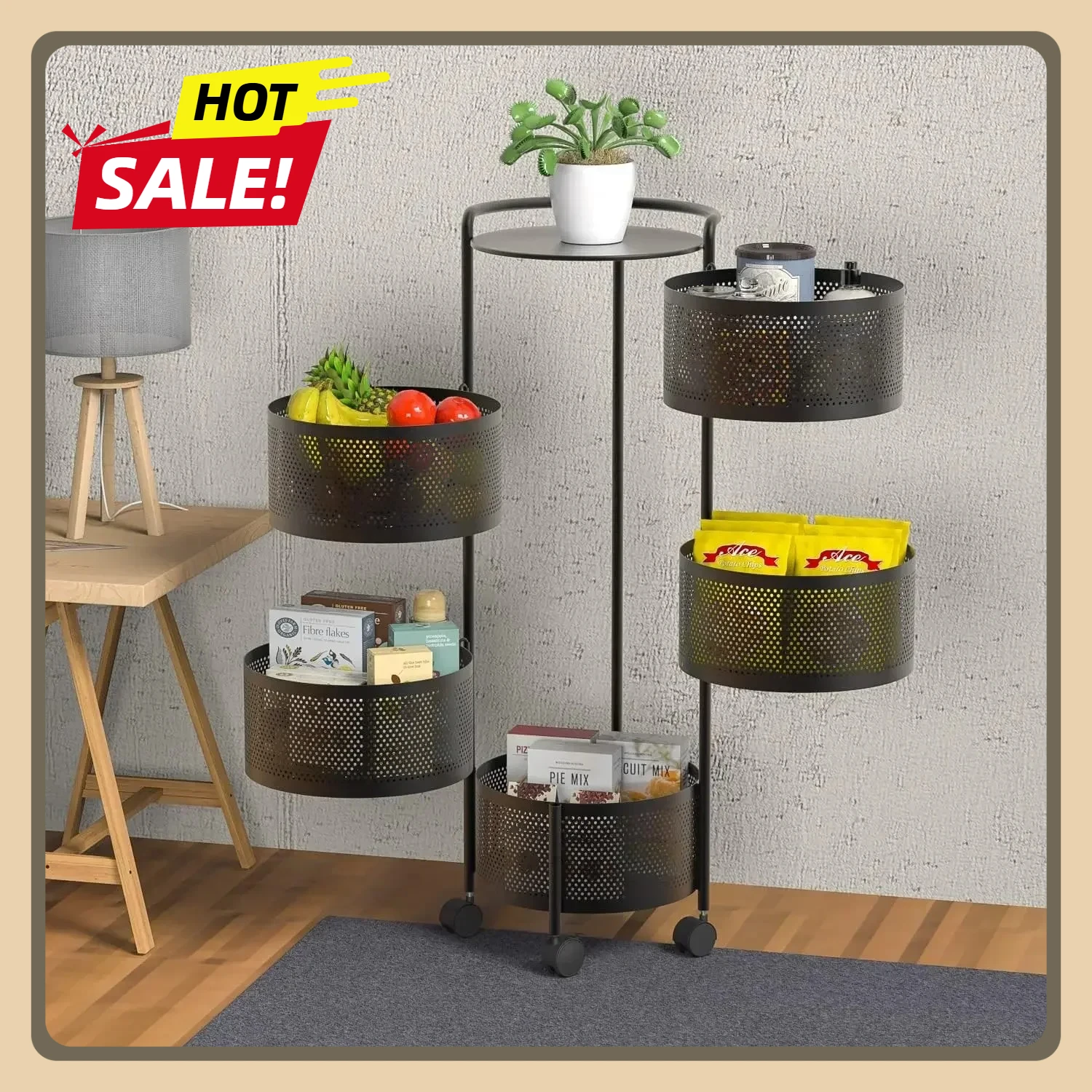 

5-Tier Rotating Fruit Basket on Rolling Wheels, Metal Sturdy Kitchen Storage Rack Shelf Carts No Assembly