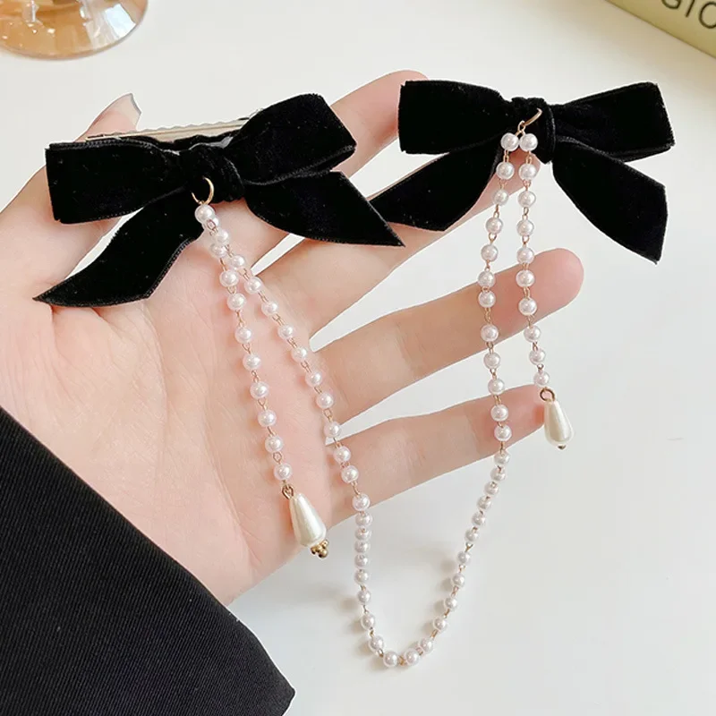 New Korean Sweet Girl Tassel Vintage Bow Pearl Chain Hairpins Elegant Hair Decorate Hair Clip for Women Fashion Hair Accessories