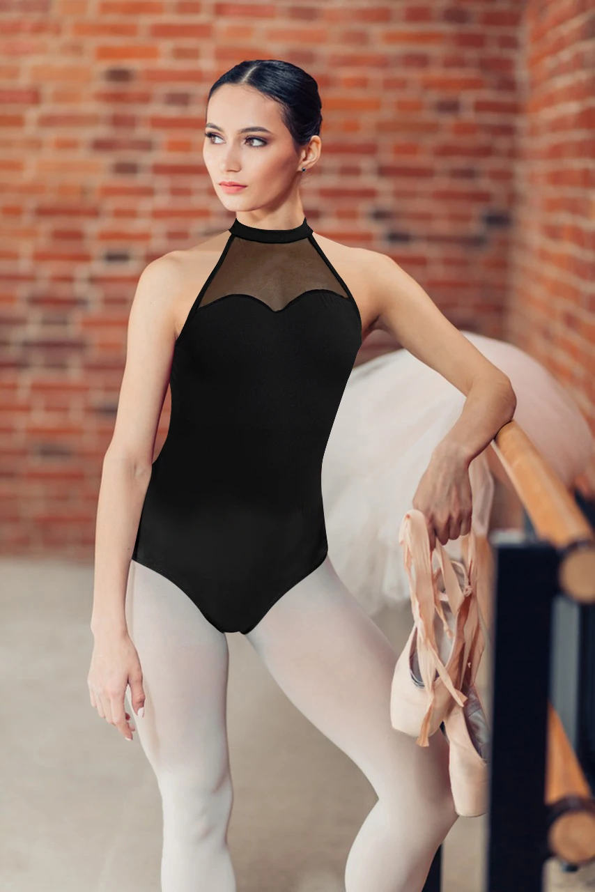 女性用レオタード バレエ ホルターネック ダンストップ キーホールバック ダンスウェア 胸裏地を胸クッションデザインに挿入