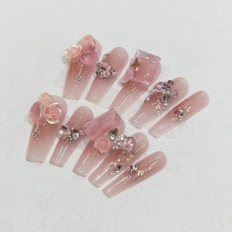 【ROSE ISLAND】10Pcs /Set Full Cover False Nails Press on Nails Fake Nails Diy Pure Handmade Removable Rose Marriage