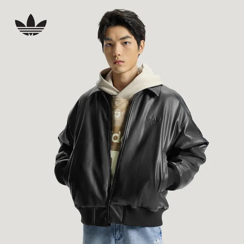 Adidas Clover PU Leather Jacket 2026 Spring Men's Velvet Warm Big LOGO Jacket IA7525