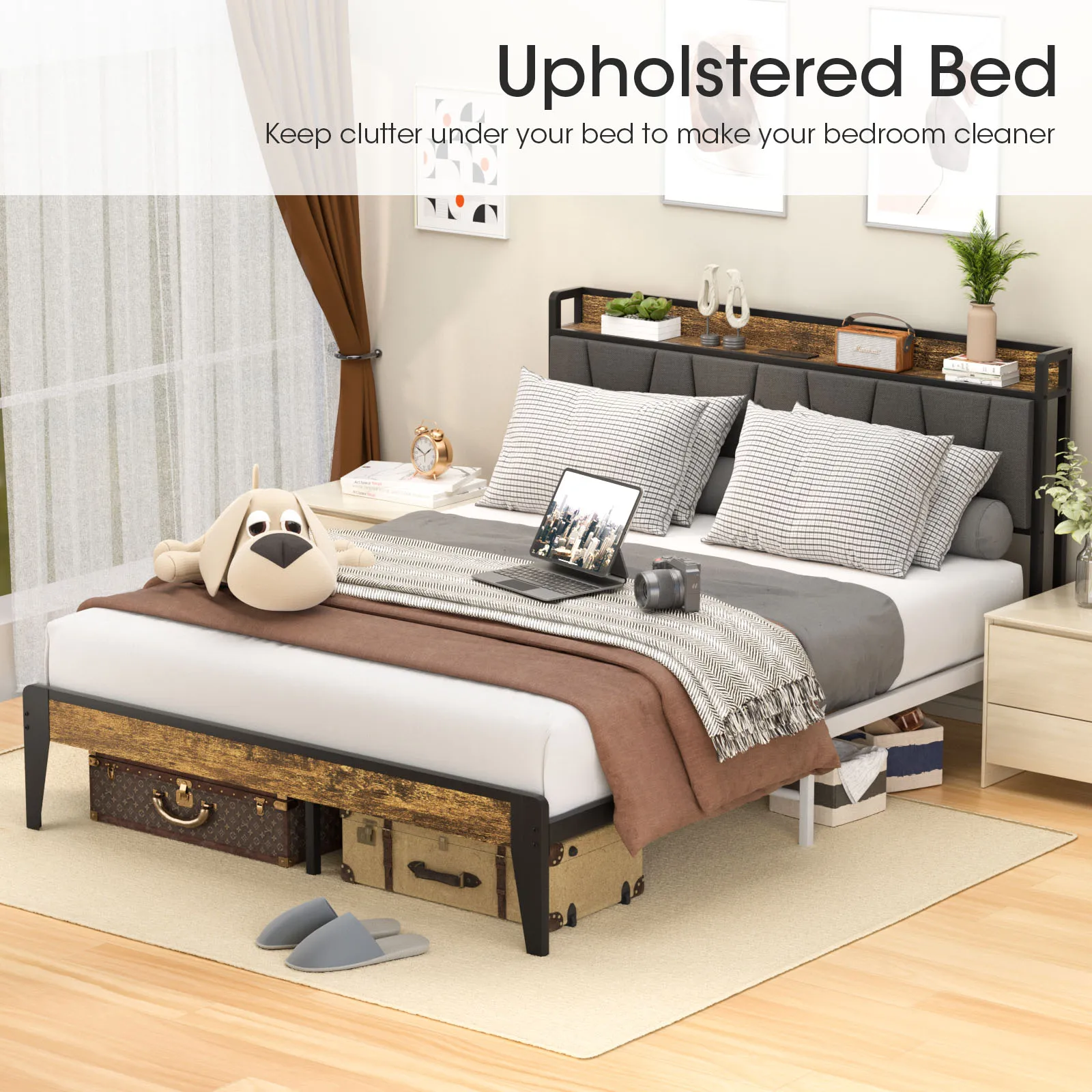 Oneinmil Queen Size Bedframe, Opberghoofdeinde Met Laadstation, Stijlvol Retro-Ontwerp, Eenvoudig Te Monteren