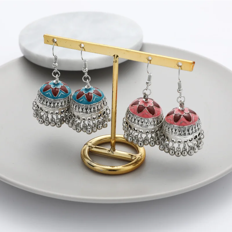 Antique Oil Dripping Alloy Bell Earrings Hangers Women Jhumka Bohemian Ethnic Silver Color Earrings India Jewelry Pendientes