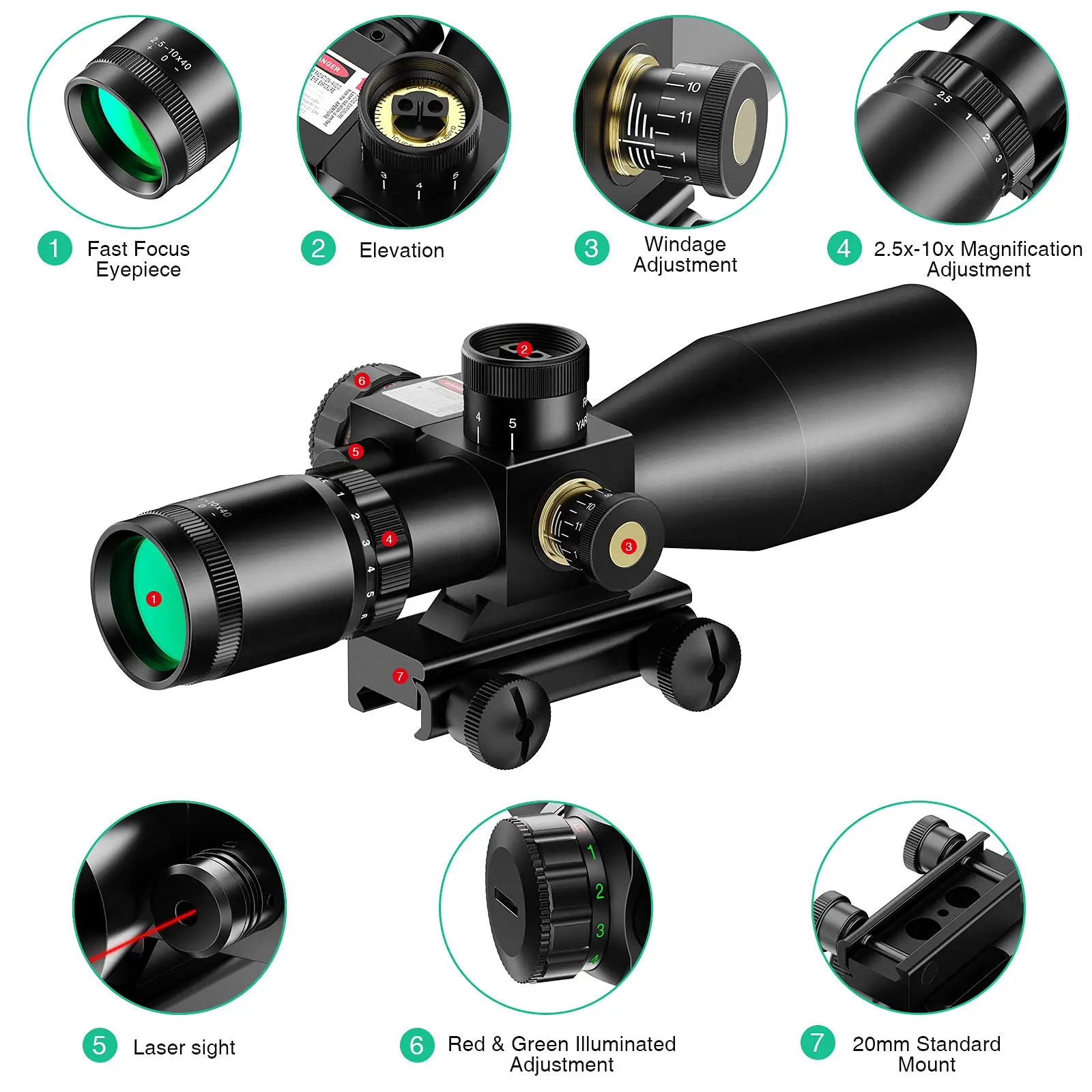 EZshoot 2.5-10x40 Rifle Scope Red Green Illuminated Mil-dot Gun Scope Green Laser Combo with 20mm Rail Hunting Accessory