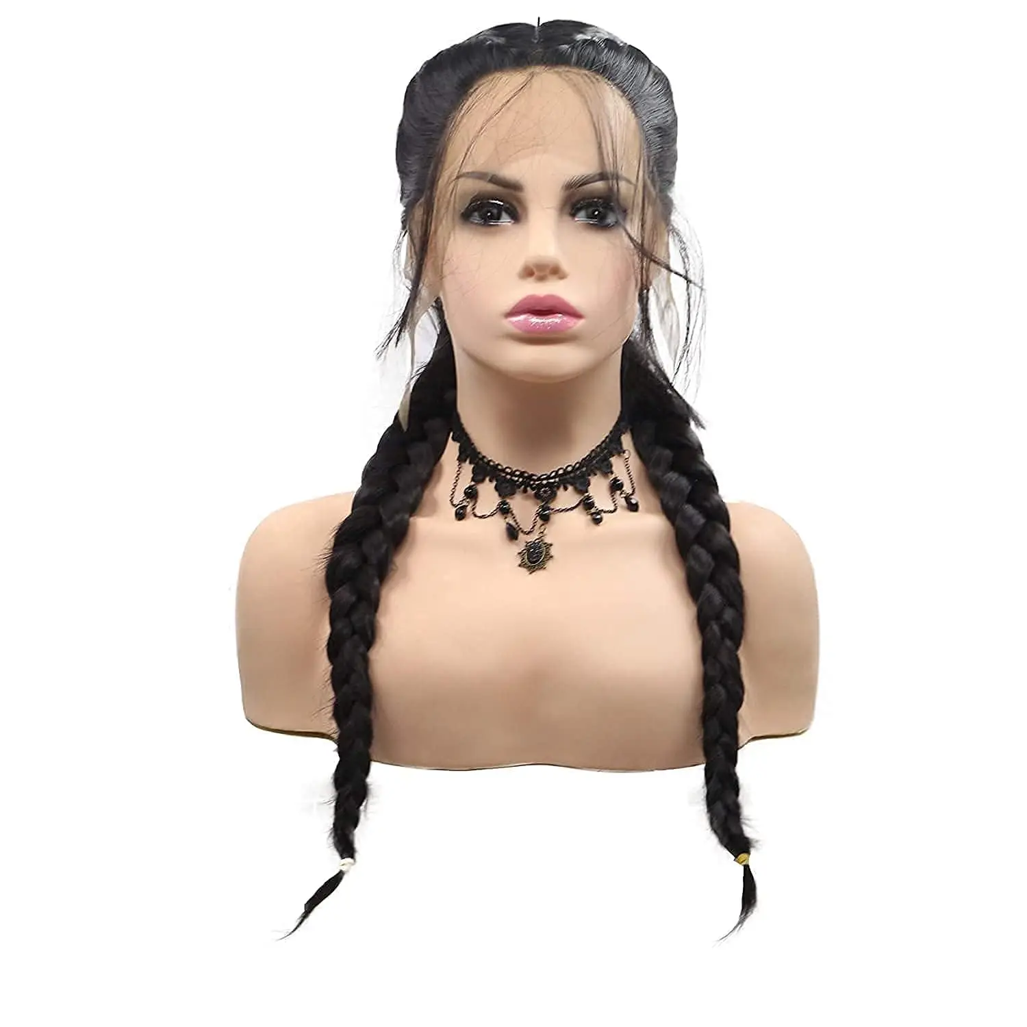 

Sylvia Wigs 1B Black Double Braid Middle Part Synthetic Lace Front Wigs For Women Heat Resistant Fiber Hair 24''