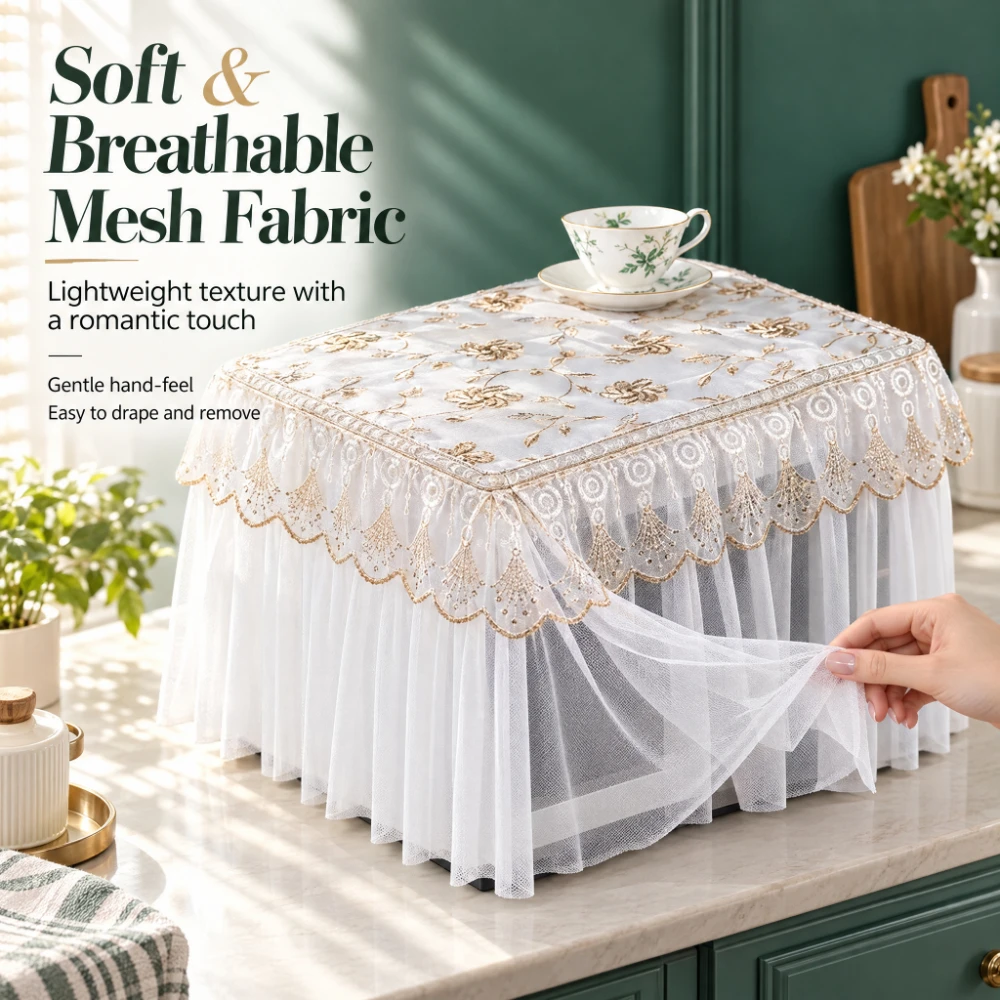 Washable Breathable Microwave Oven Cover Full‑Wrap Design Embroidered Ornament Double‑Layer Cloth Dust‑proof Oil‑proof