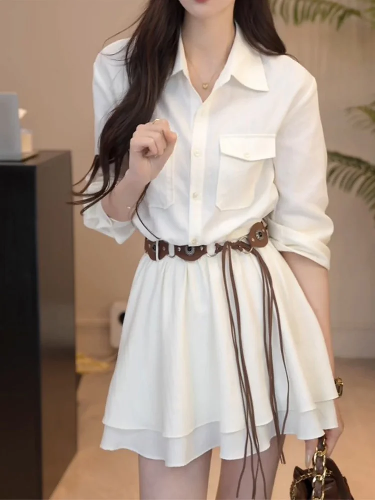 

Elegant White Long Sleeve Shirt Dress Women's A-Line Short Skirt High Waist Slimming Belt Casual Style Spring New Arrival