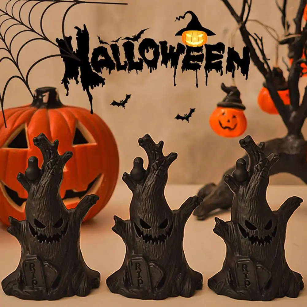 Halloween LED Ghost Tree Ornament Spooky Ghost Face Stump Statue Light-up Desktop Figurine for Garden Yard Lawn Home Window Sill