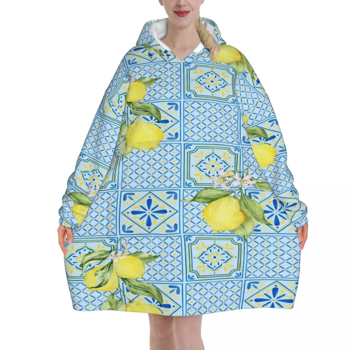 Lemon Sicily Rectangle Wearable Blanket Hoodie Warm Cozy Large Blanket Sweatshirt Thick Fleece Hooded Blanket with Pocket
