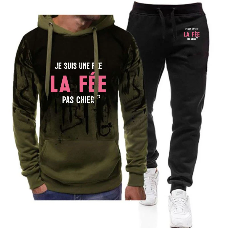 

2025 Je Suis Une Fée Print Spring Autumn Men's New Gradient Color Set France Funny Letter Hoodie+Casual Sweatpant Two-piece Suit
