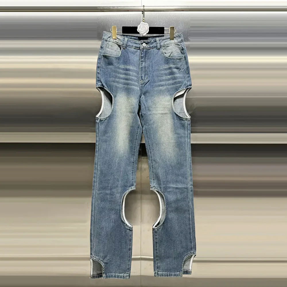 

Fashion Women's Hollow Out Jeans American High Street 2026 Spring New Casual Cut Out Straight Leg Female Denim Pants