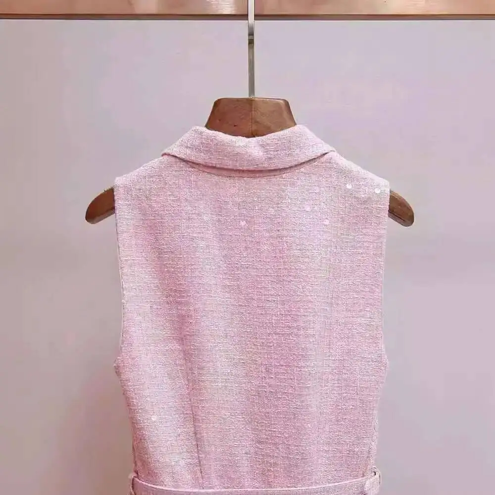Luxury Pink Short Sequins Dress Tweed Two Piece Set Women\'s Jacket Pleated Short Skirts Suits Single Breasted Top Party Vestidos