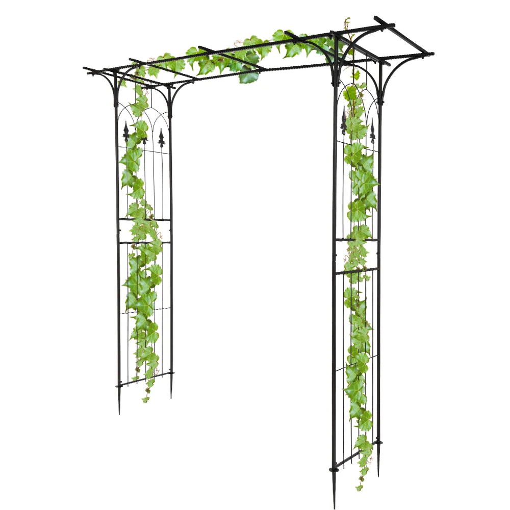7.1ft Flat Top Wrought Iron Garden Arch Trellis, Heavy Duty 13mm Metal Plant Climbing Frame, Weatherproof Black Pergola Arbor for Roses Vines Backyard Patio Wedding Decor